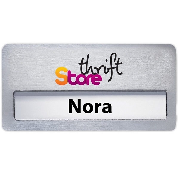 aerial view a brushed silver atlanta vogue name badge (standard size 3 x 1-1/2), image 2 of 2