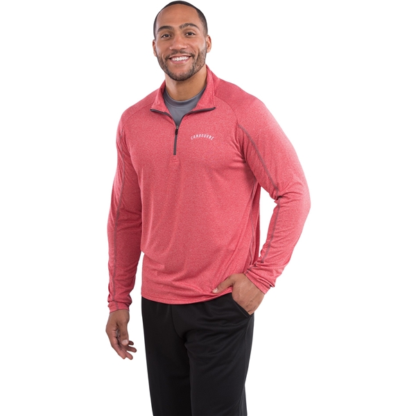 aerial view a team red heather (358) mens taza performance knit quarter zip with thumb holes, image 7 of 10