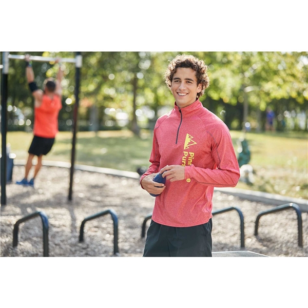 aerial view a team red heather (358) mens taza performance knit quarter zip with thumb holes, image 8 of 10