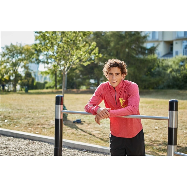 aerial view a team red heather (358) mens taza performance knit quarter zip with thumb holes, image 9 of 10