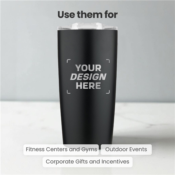 aerial view a group of 20 oz odin vacuum travel insulated stainless steel tumbler, image 2 of 5