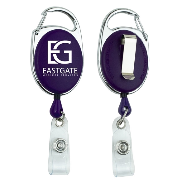 aerial view a deep purple 30 cord retractable carabiner style badge string reel and badge holder, image 2 of 2