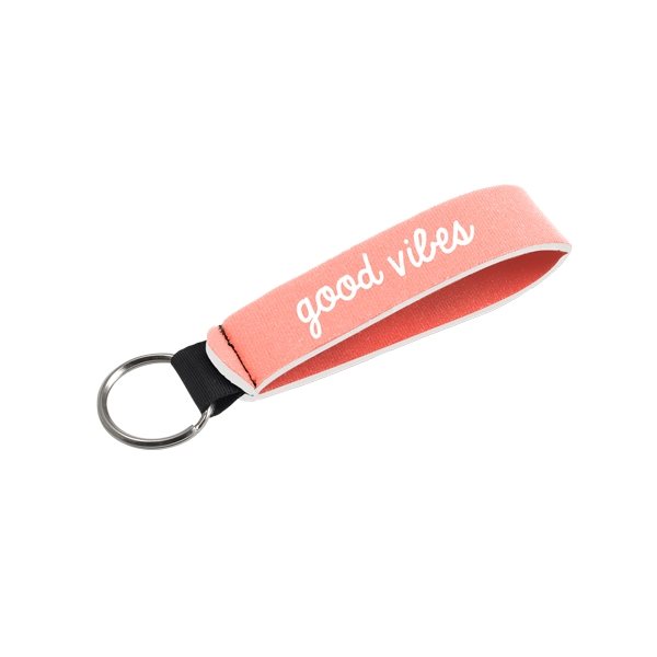 aerial view a light coral neoprene wrist strap key holder, image 2 of 2