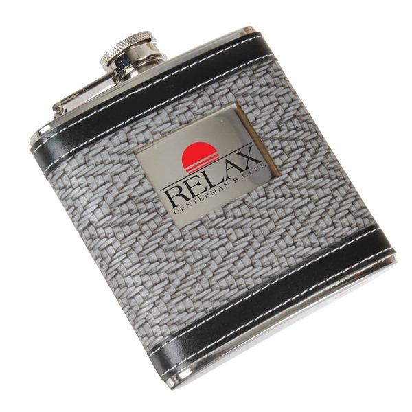 3 5/8 x 4 6 oz Stainless Steel Flask with Black and White Herringbone Center and a Black Leatherette Trim
