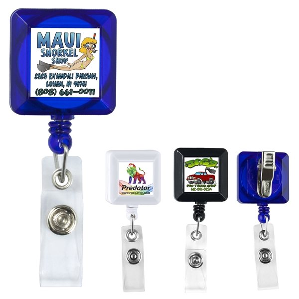 Promotional 30 Cord Square Retractable Badge Reel with Metal Slip Clip Backing - 4 Color Process