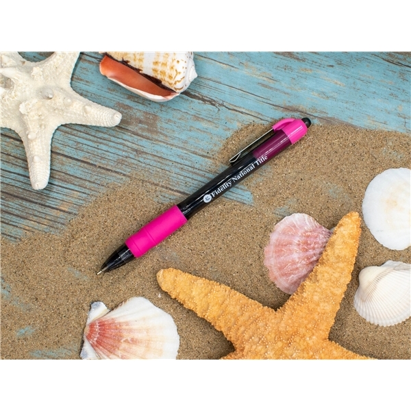 aerial view a hot pink with blue ink maxglide click(tm) hybrid ink comfort grip tropical pen, image 3 of 3