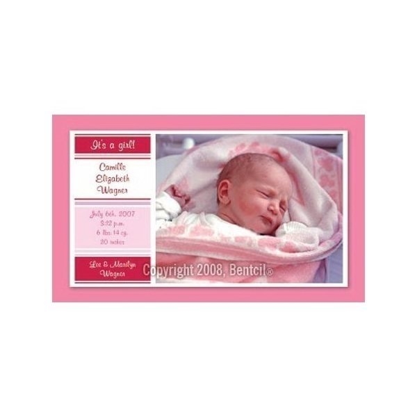 Promotional Baby Announcement - pink stripes - Budget Square Corner Cut Magnets