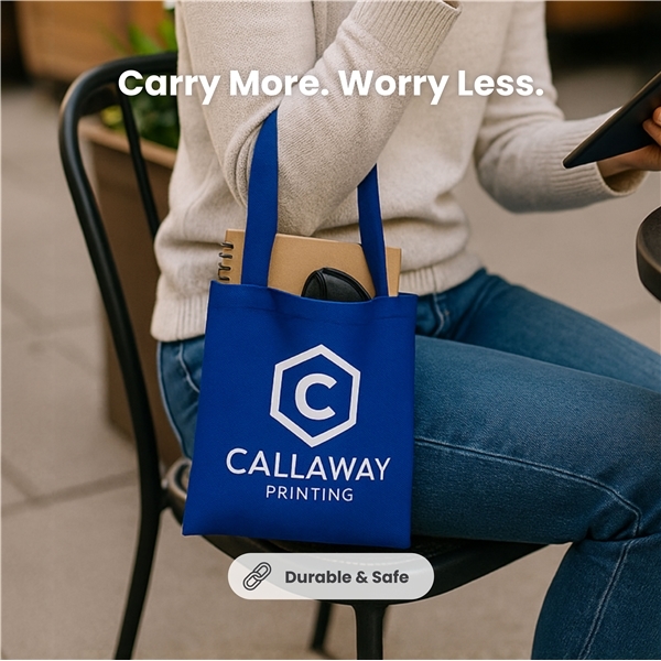 aerial view a group of non woven multi color economy tote bag 13.5 x 14, image 2 of 4