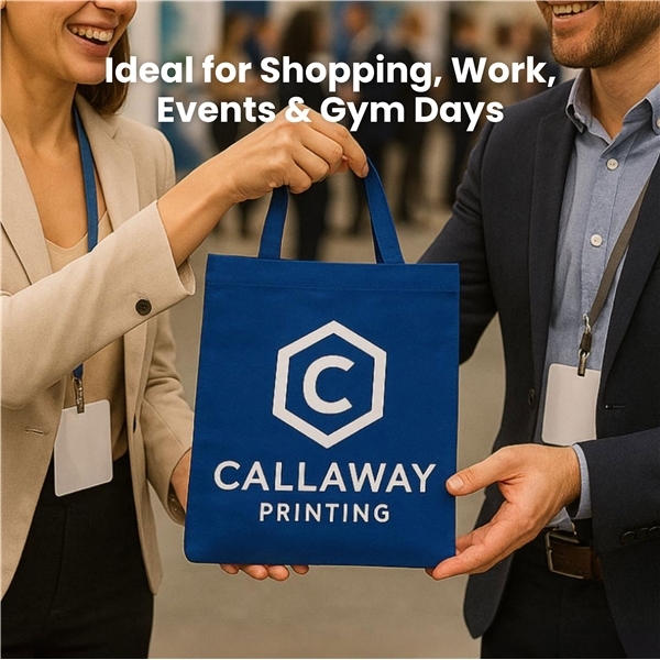 aerial view a group of non woven multi color economy tote bag 13.5 x 14, image 3 of 4