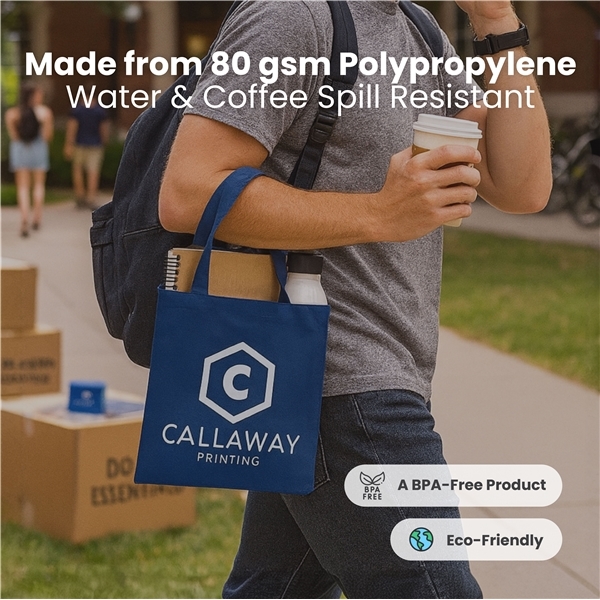 aerial view a group of non woven multi color economy tote bag 13.5 x 14, image 4 of 4