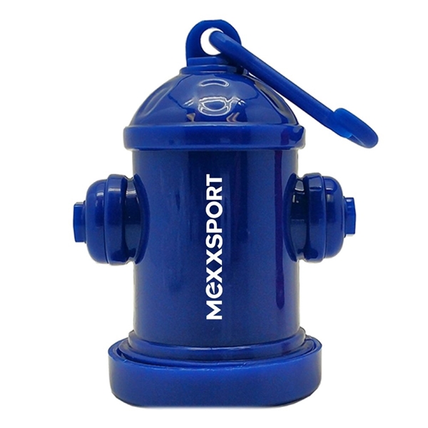 aerial view a royal blue fire hydrant shaped waste bag dispenser, image 2 of 2