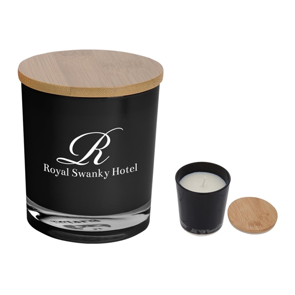 aerial view a black with bamboo lid soy wax bamboo candle, image 2 of 3