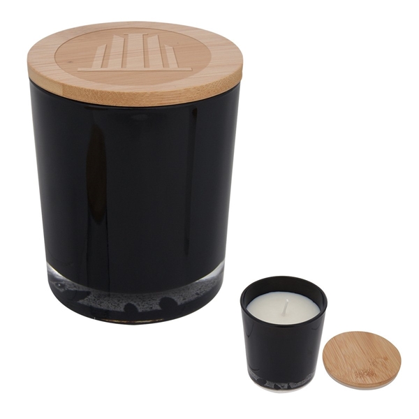 aerial view a black with bamboo lid soy wax bamboo candle, image 3 of 3