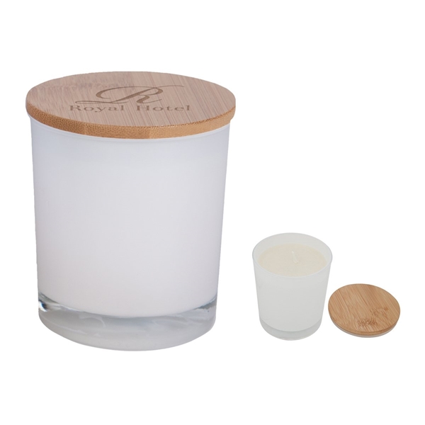 aerial view a white with bamboo lid soy wax bamboo candle, image 3 of 3