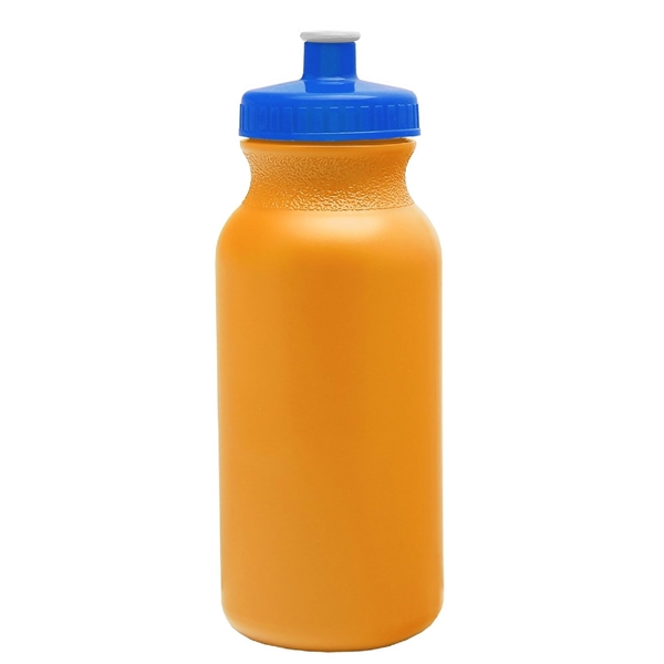 aerial view a athletic gold bottle & royal blue lid 20 oz the omni color bike bottle with push pull lid, image 2 of 2