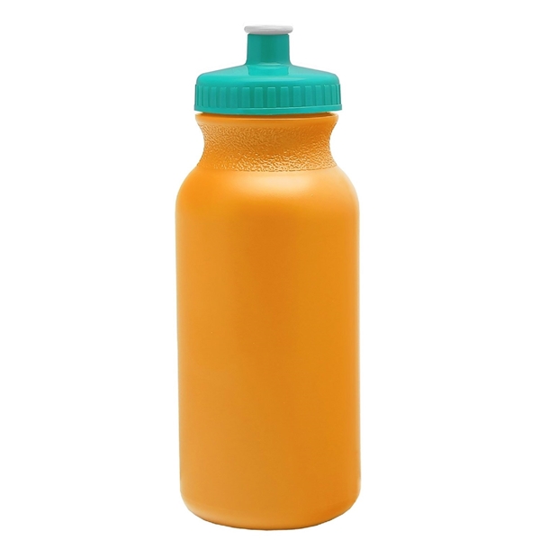 aerial view a athletic gold bottle & teal lid 20 oz the omni color bike bottle with push pull lid, image 2 of 2
