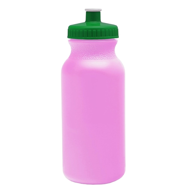 aerial view a awareness pink bottle & green lid 20 oz the omni color bike bottle with push pull lid, image 2 of 2