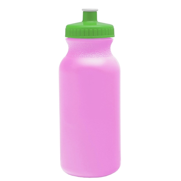 aerial view a awareness pink bottle & lime green lid 20 oz the omni color bike bottle with push pull lid, image 2 of 2