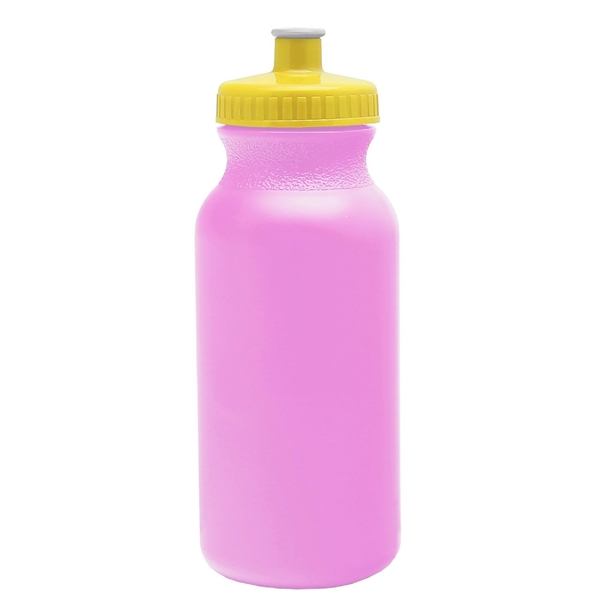 aerial view a awareness pink bottle & yellow lid 20 oz the omni color bike bottle with push pull lid, image 2 of 2