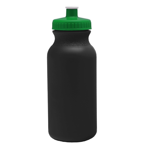 aerial view a black bottle & green lid 20 oz the omni color bike bottle with push pull lid, image 2 of 2