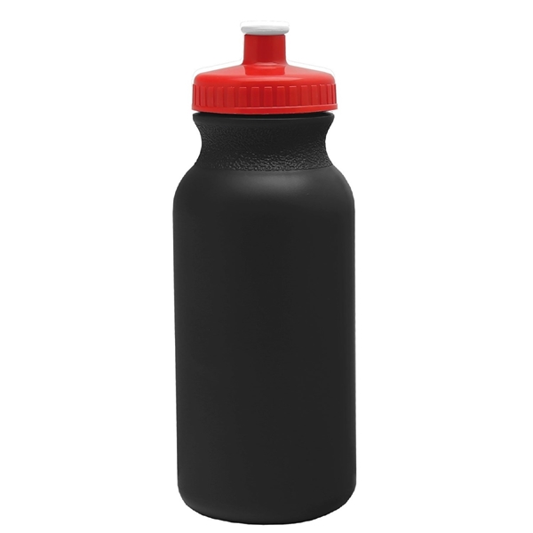 aerial view a black bottle & red lid 20 oz the omni color bike bottle with push pull lid, image 2 of 2