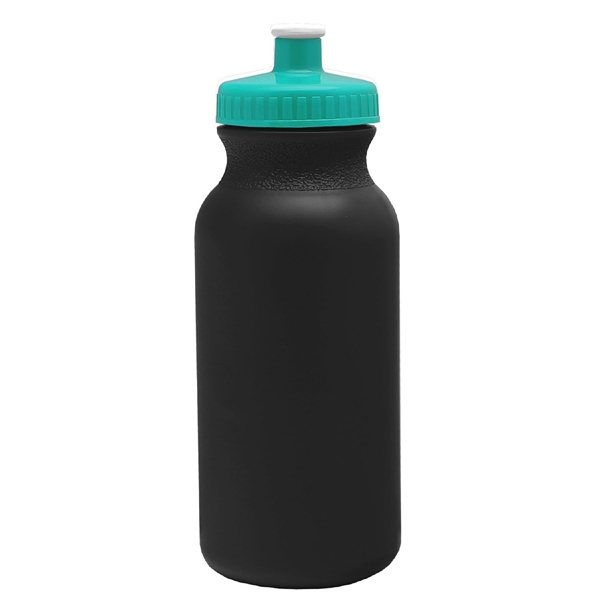aerial view a black bottle & teal lid 20 oz the omni color bike bottle with push pull lid, image 2 of 2