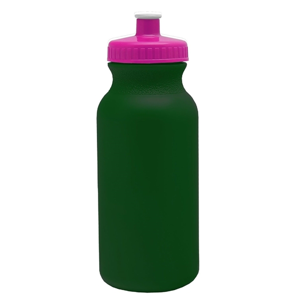 aerial view a dark green bottle & hot pink lid 20 oz the omni color bike bottle with push pull lid, image 2 of 2