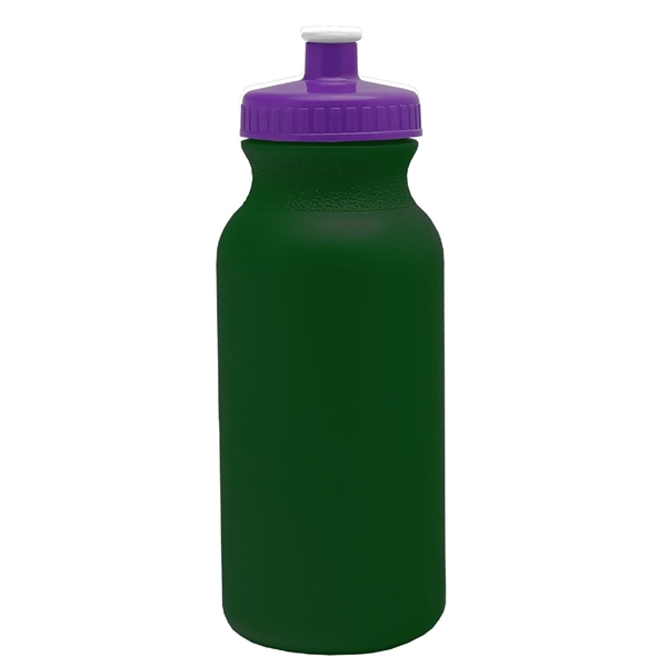 aerial view a dark green bottle & violet lid 20 oz the omni color bike bottle with push pull lid, image 2 of 2