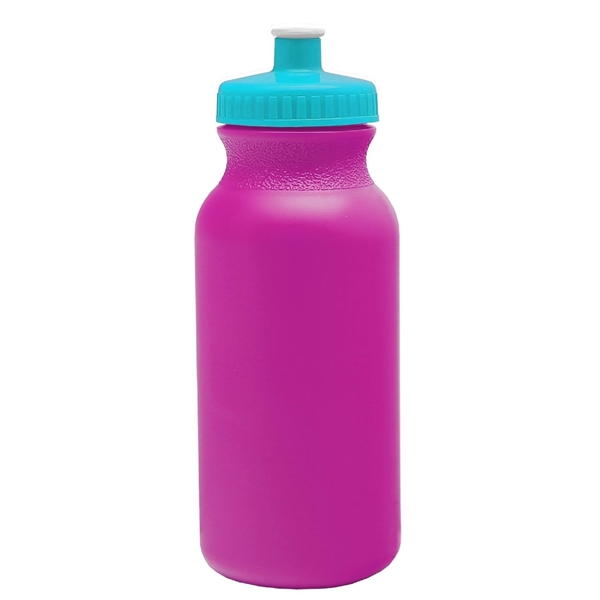 aerial view a fuchsia bottle & cyan lid 20 oz the omni color bike bottle with push pull lid, image 2 of 2