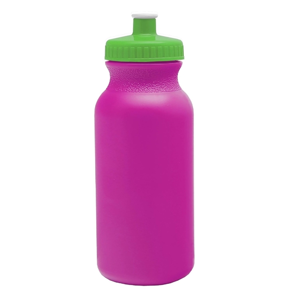aerial view a fuchsia bottle & lime green lid 20 oz the omni color bike bottle with push pull lid, image 2 of 2