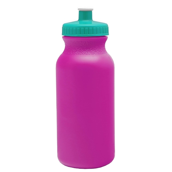 aerial view a fuchsia bottle & teal lid 20 oz the omni color bike bottle with push pull lid, image 2 of 2