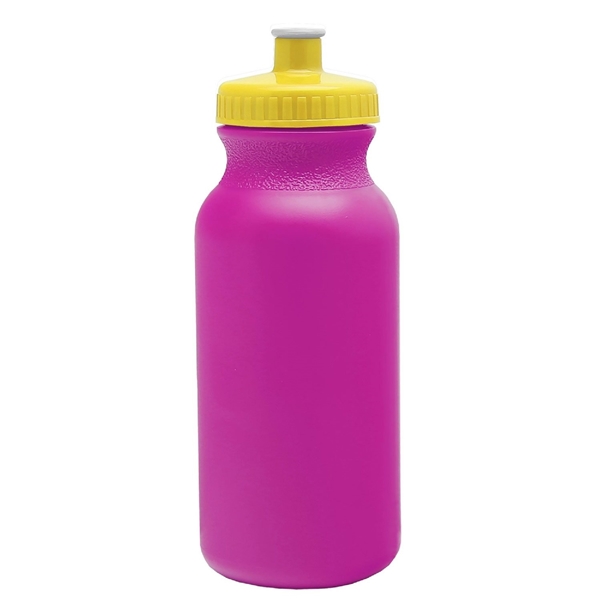 aerial view a fuchsia bottle & yellow lid 20 oz the omni color bike bottle with push pull lid, image 2 of 2