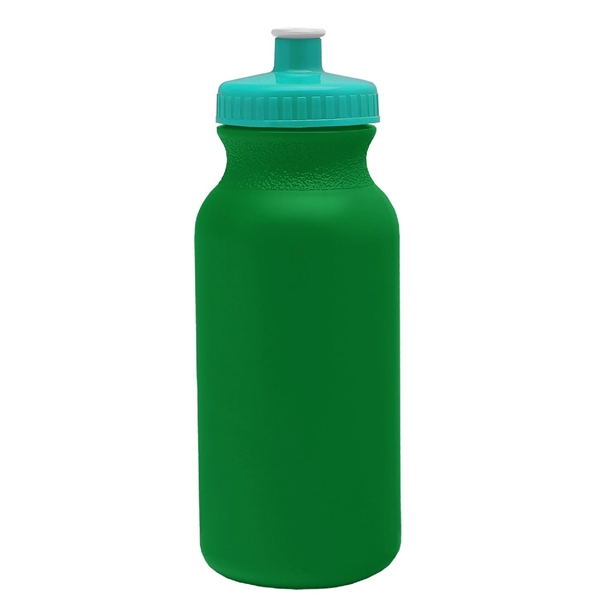 aerial view a kelly green bottle & teal lid 20 oz the omni color bike bottle with push pull lid, image 2 of 2