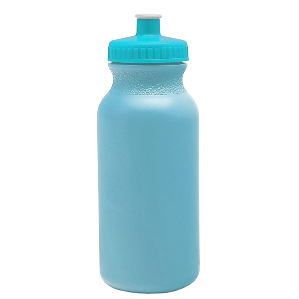 aerial view a light blue bottle & cyan lid 20 oz the omni color bike bottle with push pull lid, image 2 of 2