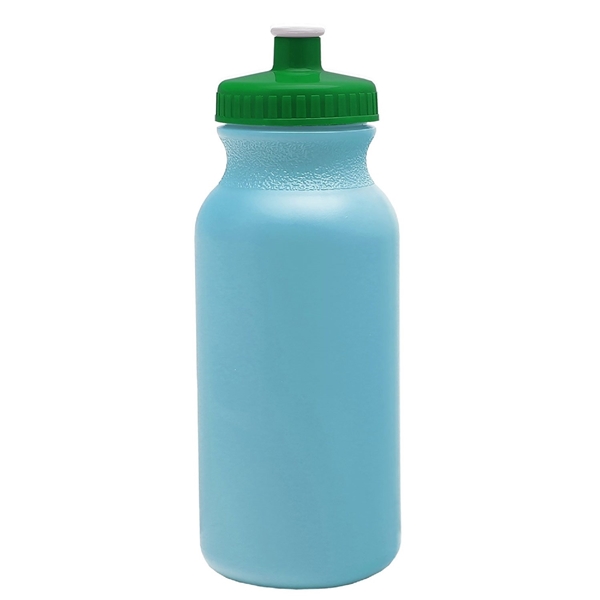aerial view a light blue bottle & green lid 20 oz the omni color bike bottle with push pull lid, image 2 of 2