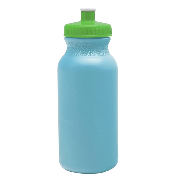 aerial view a light blue bottle & lime green lid 20 oz the omni color bike bottle with push pull lid, image 2 of 2