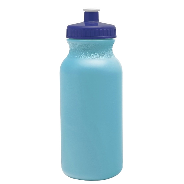 aerial view a light blue bottle & navy blue lid 20 oz the omni color bike bottle with push pull lid, image 2 of 2