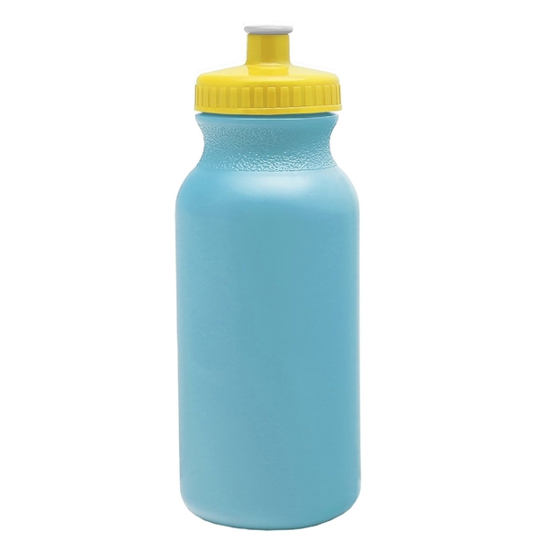 aerial view a light blue bottle & yellow lid 20 oz the omni color bike bottle with push pull lid, image 2 of 2