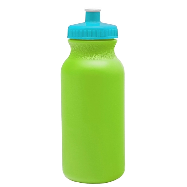 aerial view a lime green bottle & cyan lid 20 oz the omni color bike bottle with push pull lid, image 2 of 2