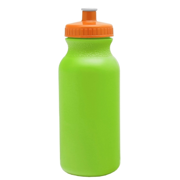 aerial view a lime green bottle & orange lid 20 oz the omni color bike bottle with push pull lid, image 2 of 2