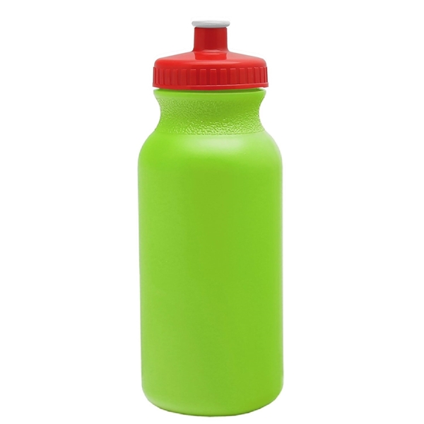 aerial view a lime green bottle & red lid 20 oz the omni color bike bottle with push pull lid, image 2 of 2