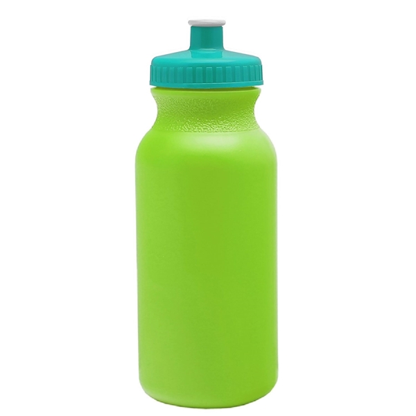 aerial view a lime green bottle & teal lid 20 oz the omni color bike bottle with push pull lid, image 2 of 2