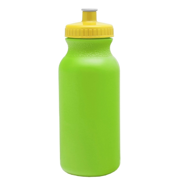 aerial view a lime green bottle & yellow lid 20 oz the omni color bike bottle with push pull lid, image 2 of 2