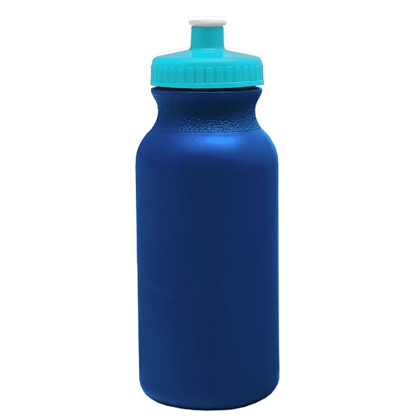 aerial view a metallic navy blue bottle & cyan lid 20 oz the omni color bike bottle with push pull lid, image 2 of 2