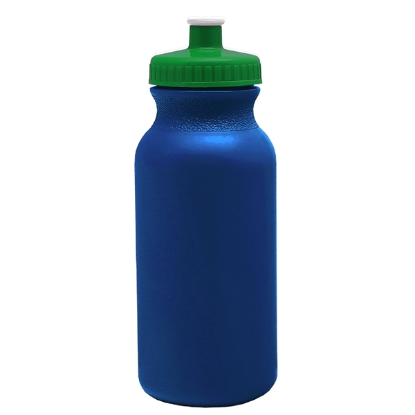 aerial view a metallic navy blue bottle & green lid 20 oz the omni color bike bottle with push pull lid, image 2 of 2