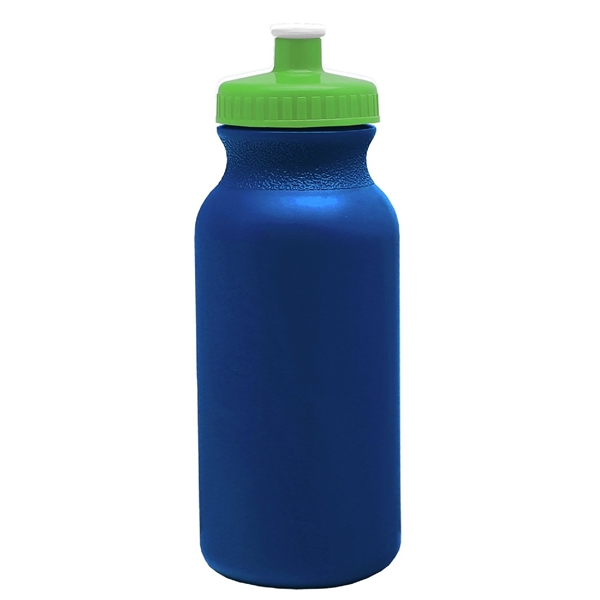 aerial view a metallic navy blue bottle & lime green lid 20 oz the omni color bike bottle with push pull lid, image 2 of 2