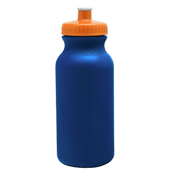 aerial view a metallic navy blue bottle & orange lid 20 oz the omni color bike bottle with push pull lid, image 2 of 2