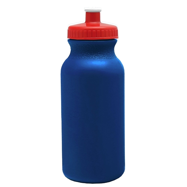 aerial view a metallic navy blue bottle & red lid 20 oz the omni color bike bottle with push pull lid, image 2 of 2