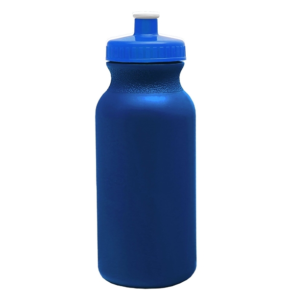 aerial view a metallic navy blue bottle & royal blue lid 20 oz the omni color bike bottle with push pull lid, image 2 of 2