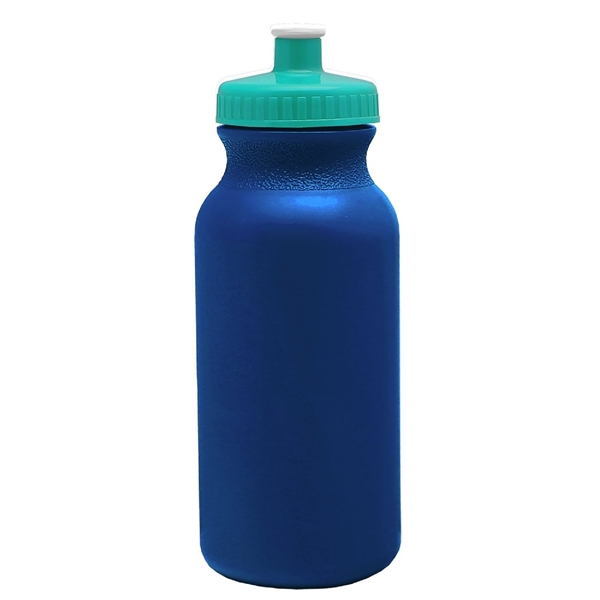 aerial view a metallic navy blue bottle & teal lid 20 oz the omni color bike bottle with push pull lid, image 2 of 2